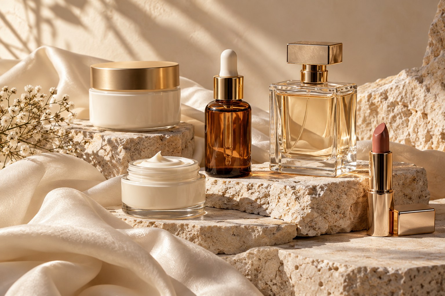 Composition de soins, parfum et maquillage dans des tons dorés